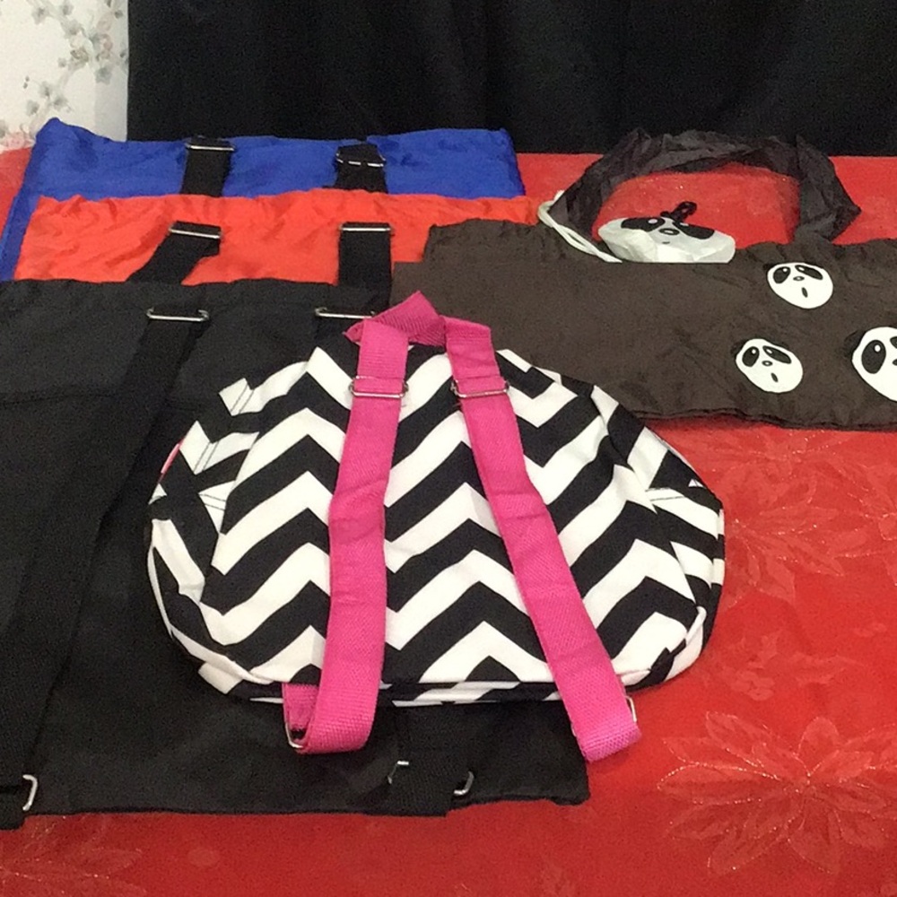 Backpack Bundle of 3 Identical + 1 Panda Motif Carry Bag.+ Zebra Striped Child’s